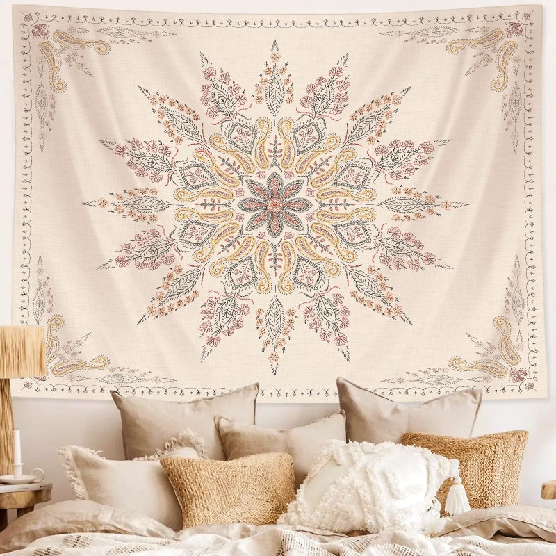 Neasow Bohemian Tapestry Wall Hanging, Beige White Floral Tapestry with Medallion Print Bedroom Boho Home Decor, WhiteSimple, Small 50Ã—60 inches - Image 1